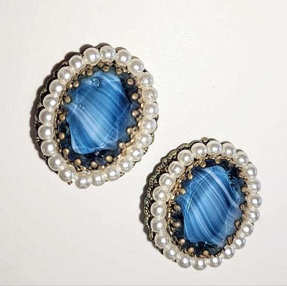 WEST GERMANY BLUE PORPHYRY GLASS CLIP-ON EARRINGS - VINTAGE SIGNED - Picture 7 of 7